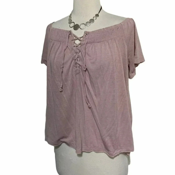 AEO L pink off the shoulder laced front top - Picture 2 of 5